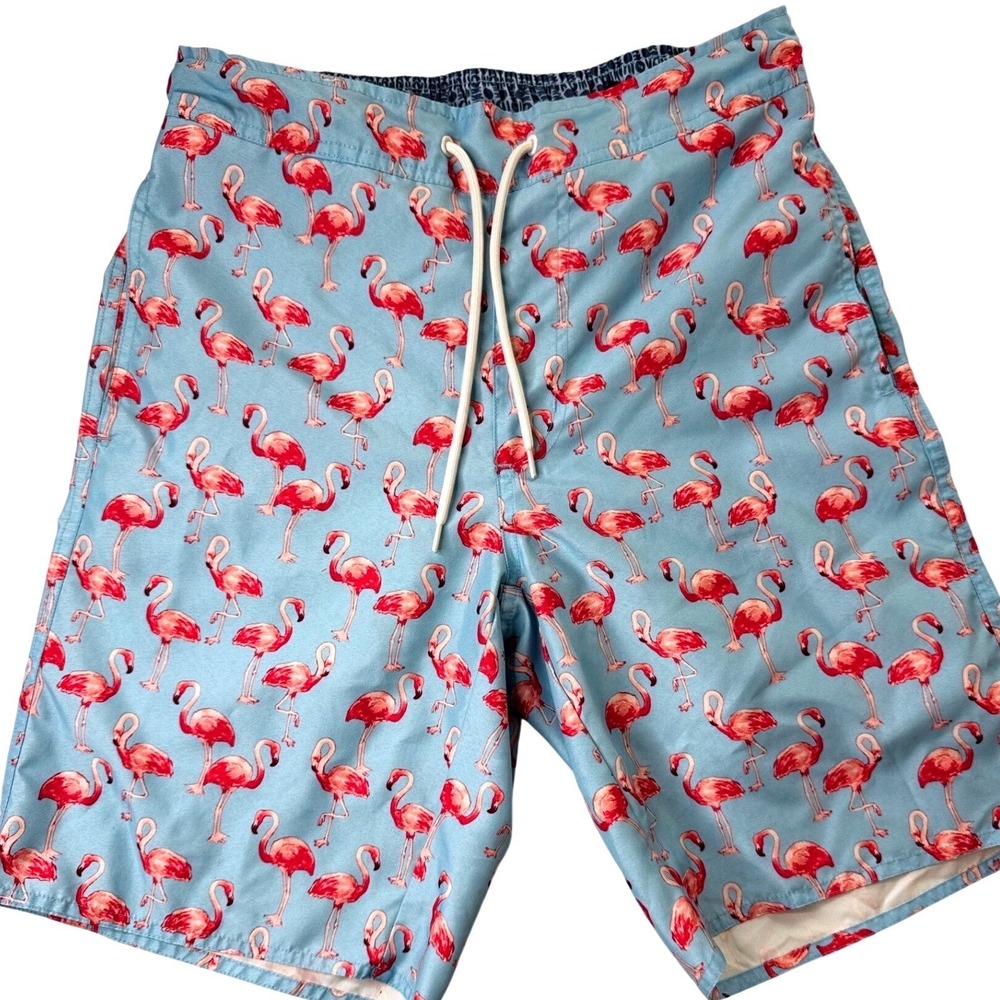 St Johns Bay Mens Flamingo Print Swim Trunks Blue Pink Board Shorts Small vaca